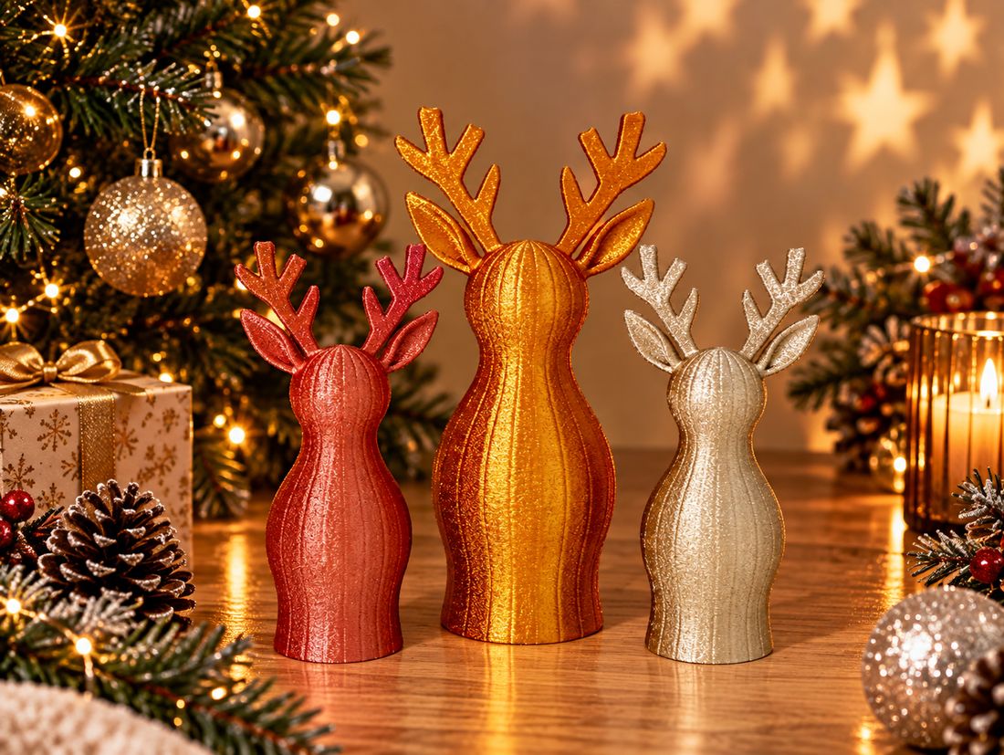 Famille Renne, coloris Rouge, doré et argenté, collection Noël