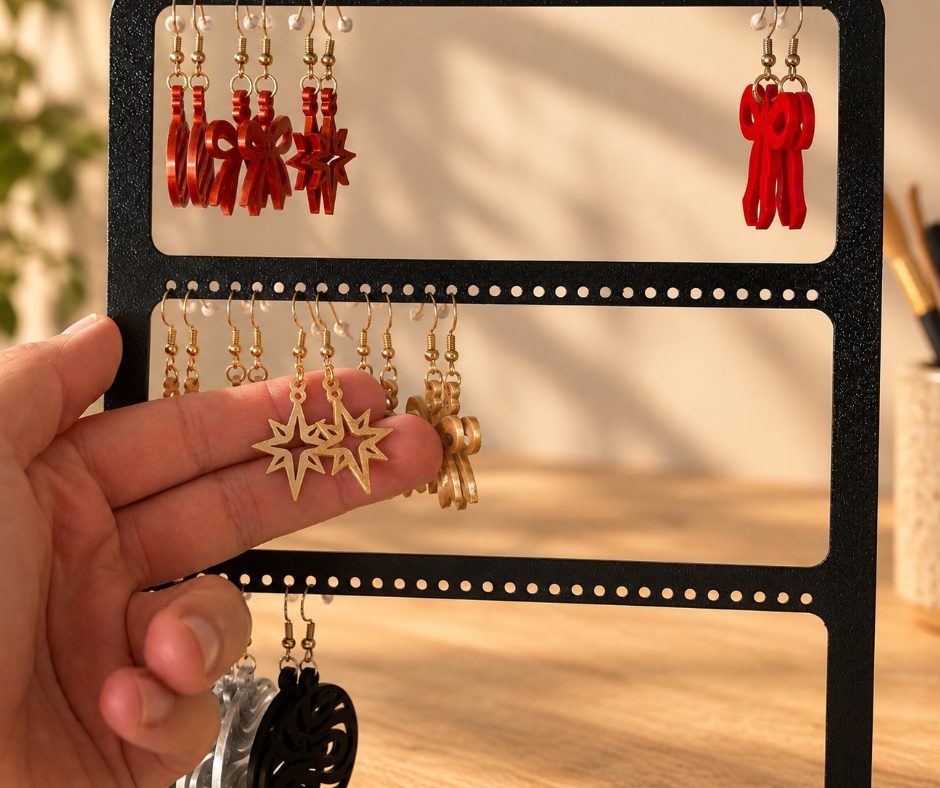 Présentoir de boucles d’oreilles : nœuds rouges, étoile dorée et pièces noires